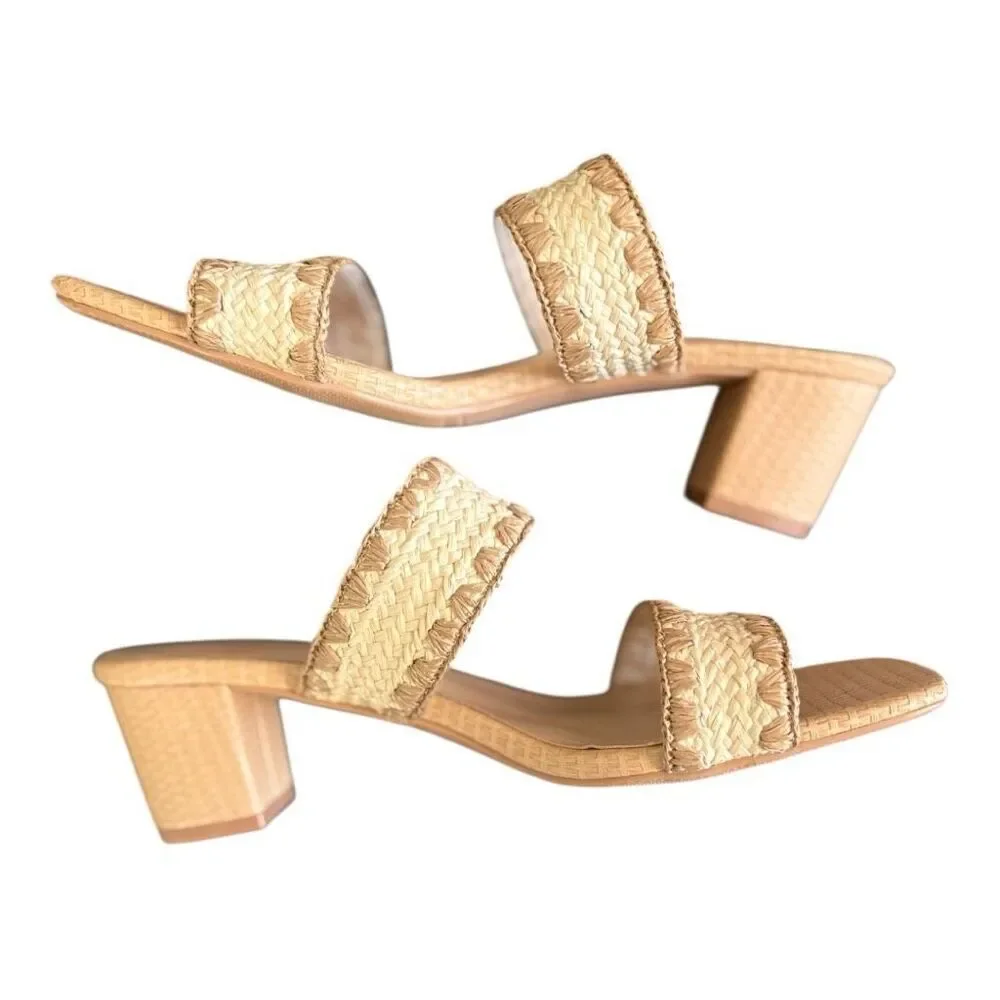 N.N.G Braided Tan Chunky Heel Square Toe Leather Woven Heels Mules Slides